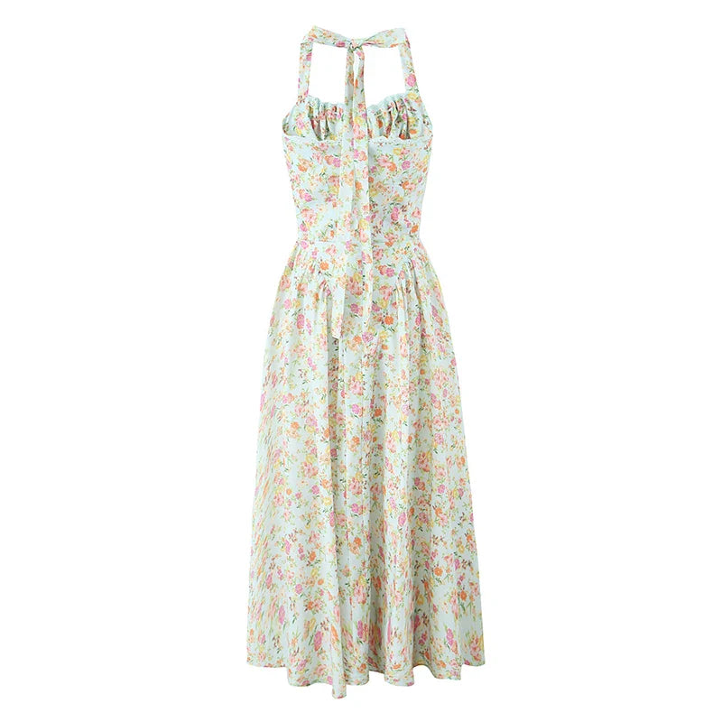qgtao Lace Trim Floral Print Halter Dress For Women Sexy Backless Low Waist Midi Summer Dresses Holiday Party Robe
