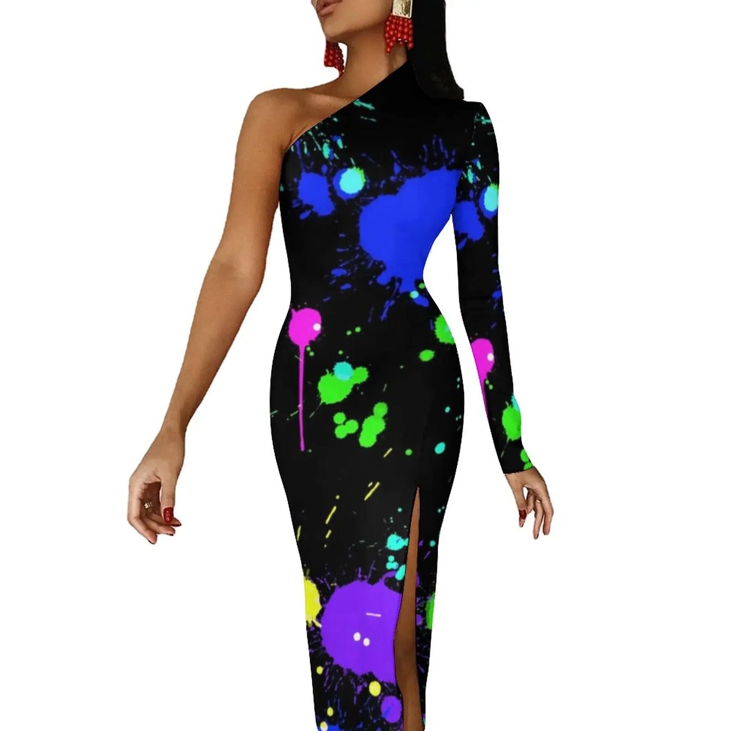 Neon Paint Long Dress Women Graffiti Splatter Print Party Maxi Dress Summer Long Sleeve Sexy Bodycon Dresses Side Split Clothes