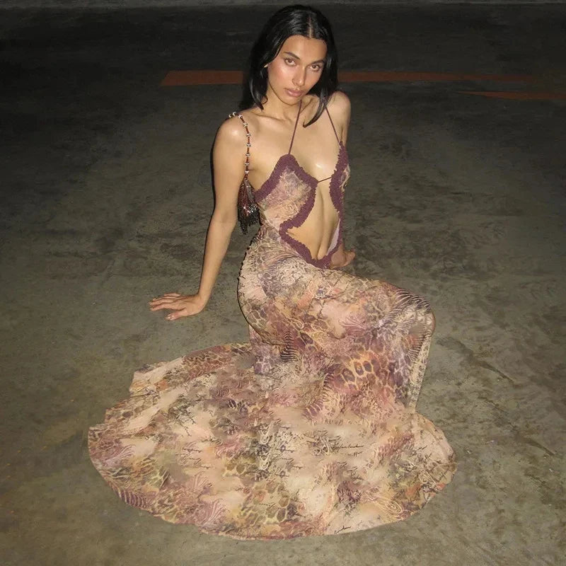 Sexy Hollow Long Dress For Women Print Camisole Off Shoulder Backless Sleeveless Frilly  Mixi Dress Female Party