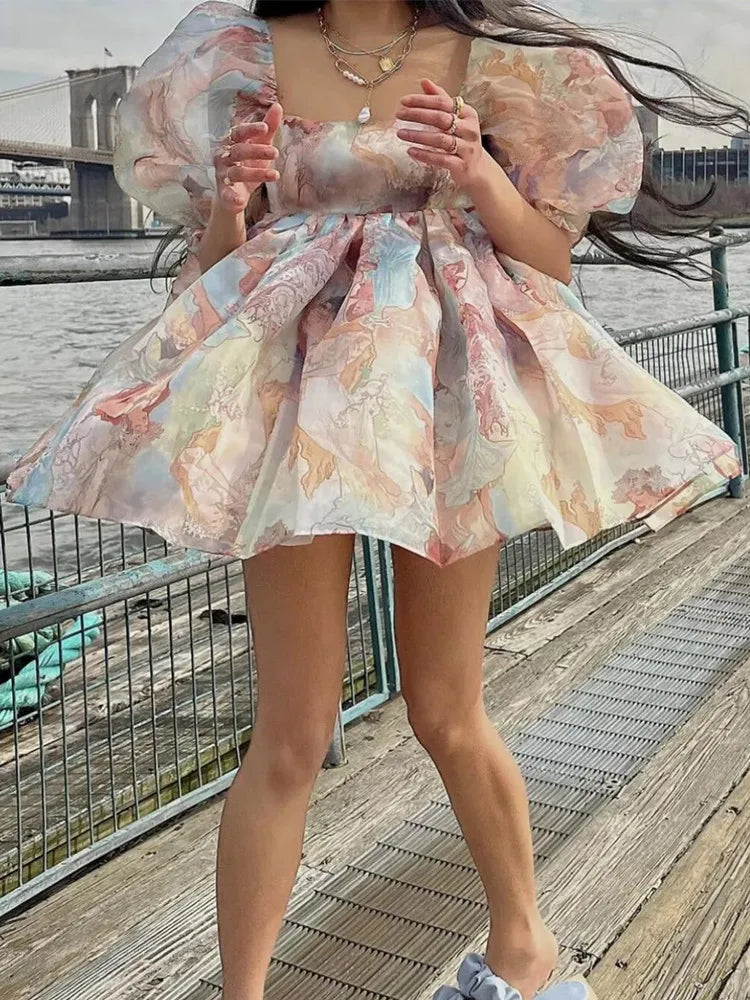 qgtao 2024 Princess Vintage Tie dye Beauty Girl Print Organza Ball Gown Dress Puff Sleeve Women Swing Mini Dresses Fairy Robe Vestidos
