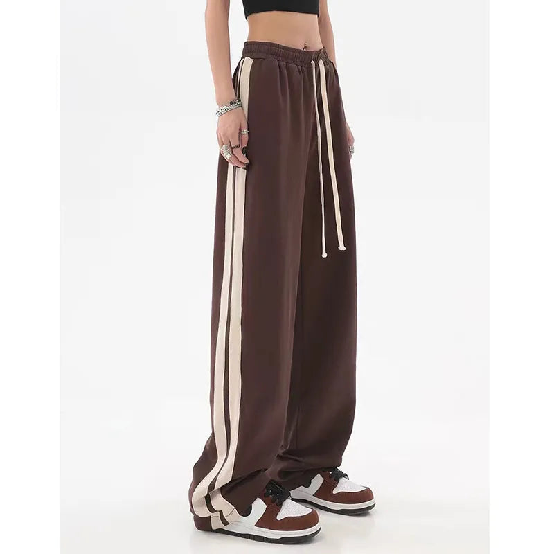 qgtao Striped Joggers Sweatpants Bf Hip Hop Women High Waist Wide Leg Sports Pants Street wear Drawstring Baggy Straight Trousers