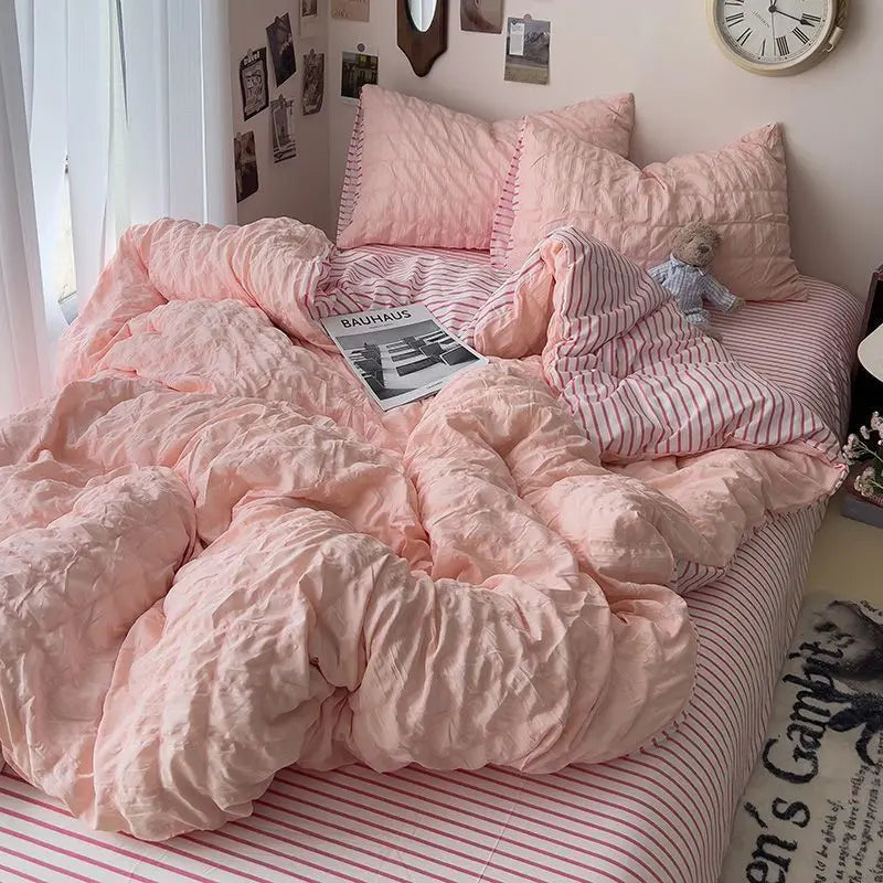 Yeknu Seersucker Princess Girls Bedding Set Duvet Cover Korean Four PIECE Washed Cotton Bed Sheet Cover Quilt Set