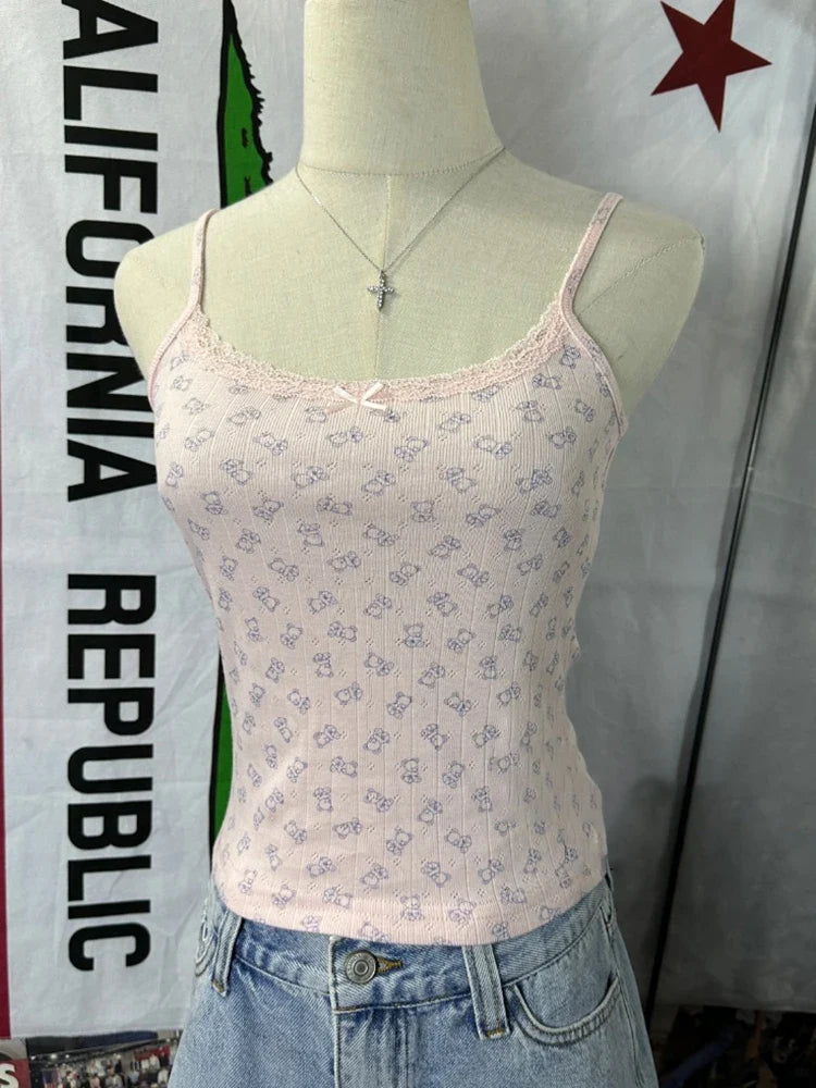 Little Bear Eyelet Cotton Vest Shorts Set Summer Sweet Bow Lace Camis Tops And Shorts Vintage Cute 2 Piece Sets Women Outfit New