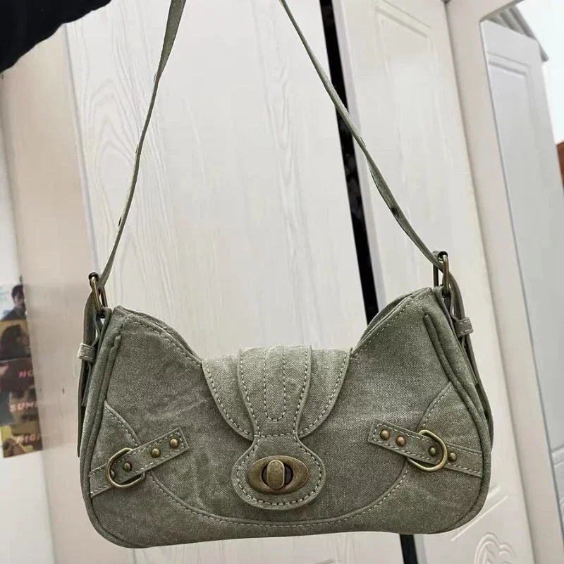 qgtao Y2k Vintage Shoulder Bag American Street Style Rivets Green Canvas Handbag Gothic Punk Biker Cool Designers Underarm Bag