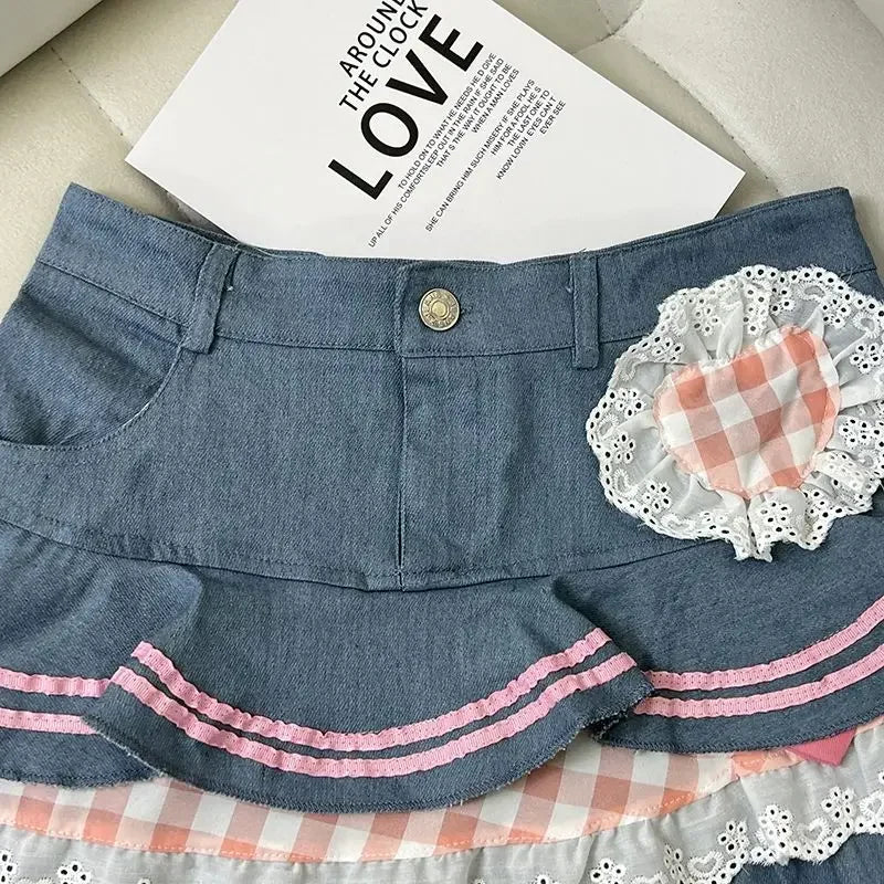 qgtao Kawaii Denim Skirt Women Japanese 2000s Style Y2k High Waist Bow Patchwork Cute Mini Jean Skirt Autumn Lolita Girl