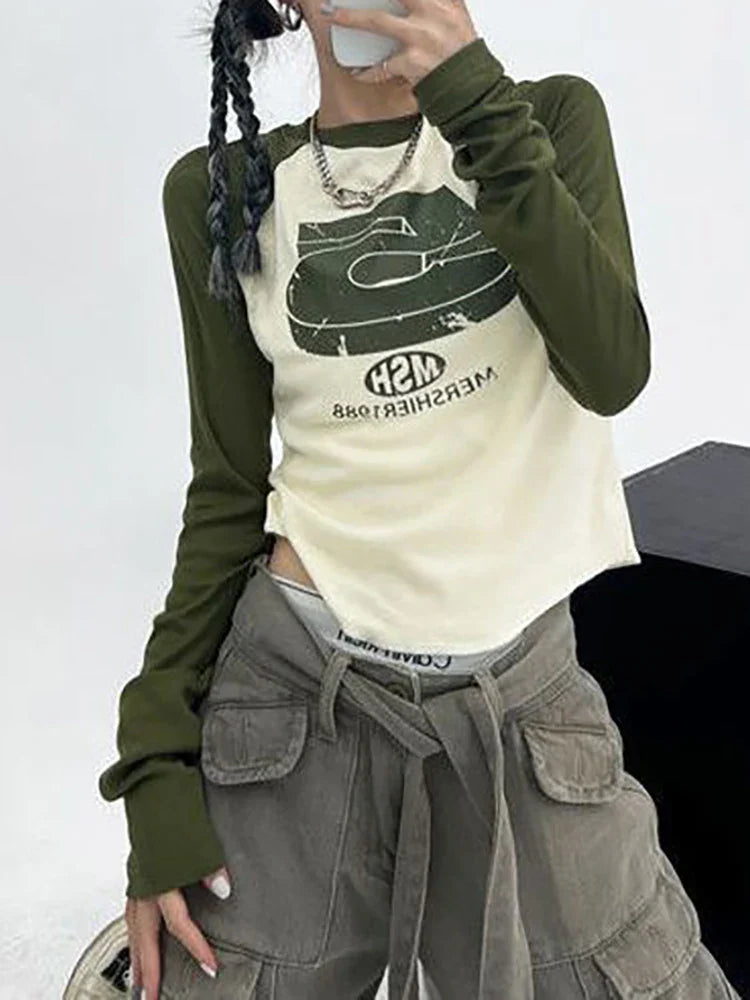 qgtao Y2K Patchwork Tshirts Women Vintage Letter Crop Tops Female O Neck Long Sleeve Top Ladies Fashion Casual Slim Tees Spring Autumn