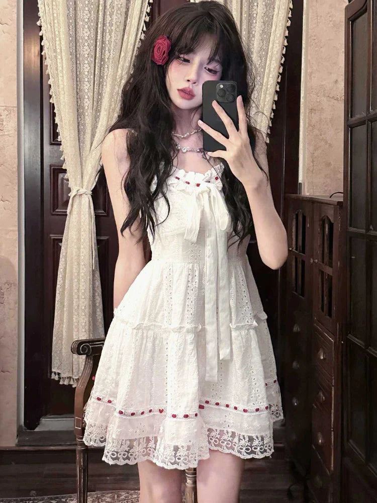 qgtao Sweet White Lace Mini Dress Women Autumn Sexy Sleeveless Bow Strap Dress Female Casual Cute Princess Wedding Party Dress New In