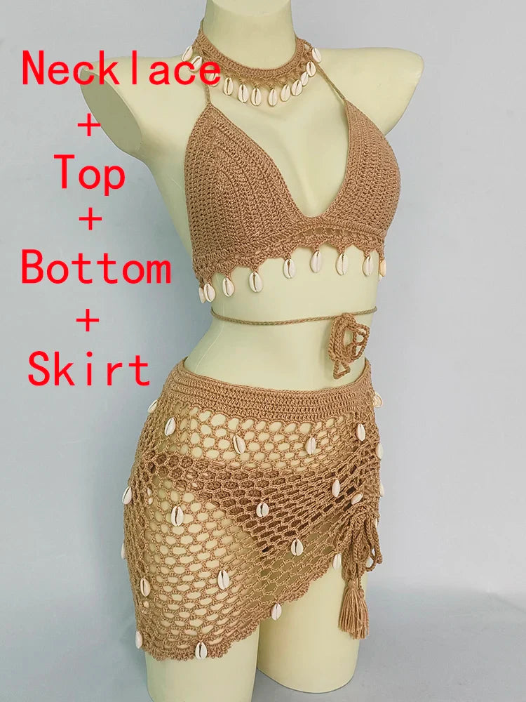 qgtao 4 pieces Woman Bikini Set Crochet Shell Tassel Top Sexy Thong Bottom See-Through Hollow Out Bandage High Waist Short Beach Skirt