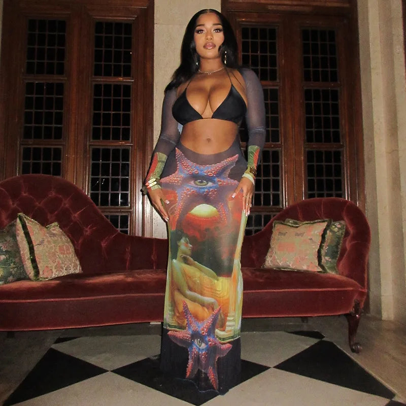 qgtao Sexy Mesh See Through Maxi Dresses for Women Fashion Ocean Printed Backless Dress Long Sleeve Bodycon Party Dress 2024