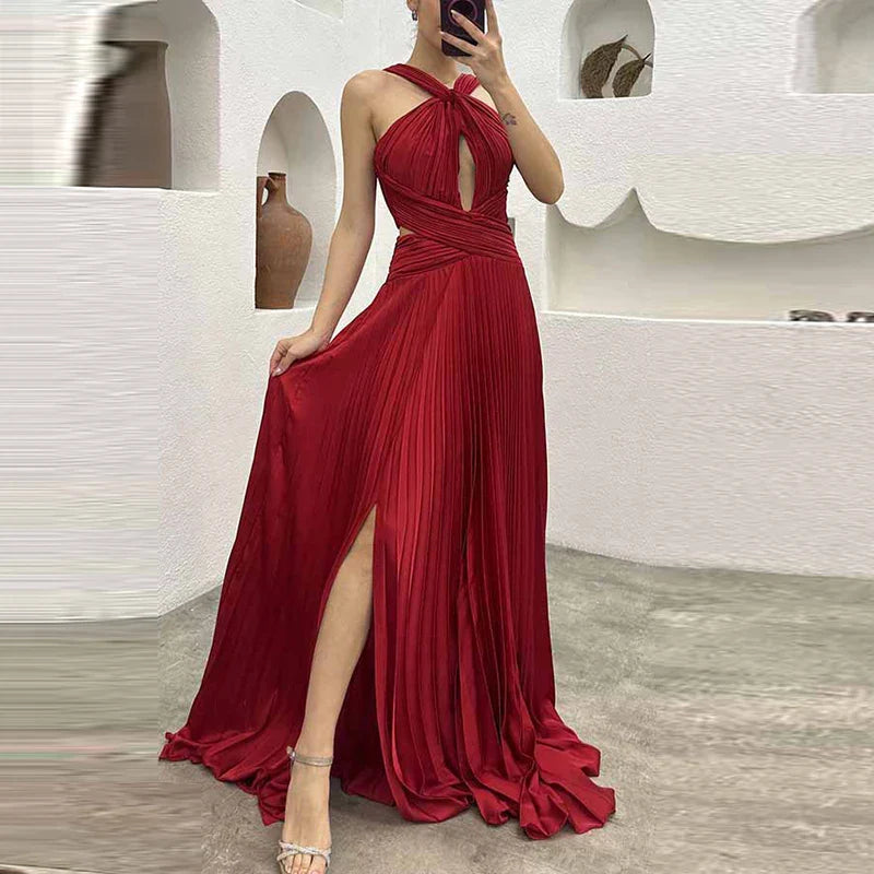 qgtao Fashion Banquet Halter Hollow Out Party Dress Women Temperament High Waist Slim Maxi Dress Elegant Sexy Pleated Slit Long Dress