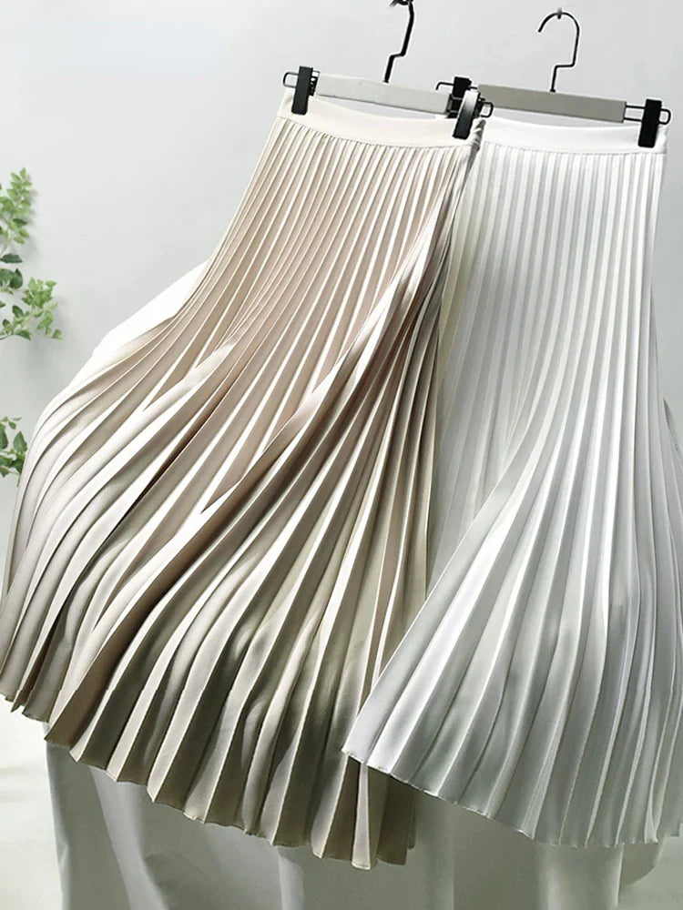 qgtao Elegant Long Pleated Skirt Women Spring Autumn Solid Elastic Waist A-line Slim Luxury Midi Skirt Vintage Female