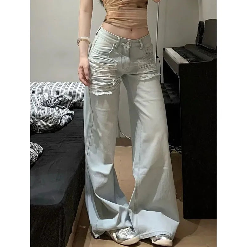 qgtao - Blue Womens Jeans High Waist Vintage Straight Summer Y2K Ripped Denim Pants Streetwear American Wide Leg Baggy Denim Trouser