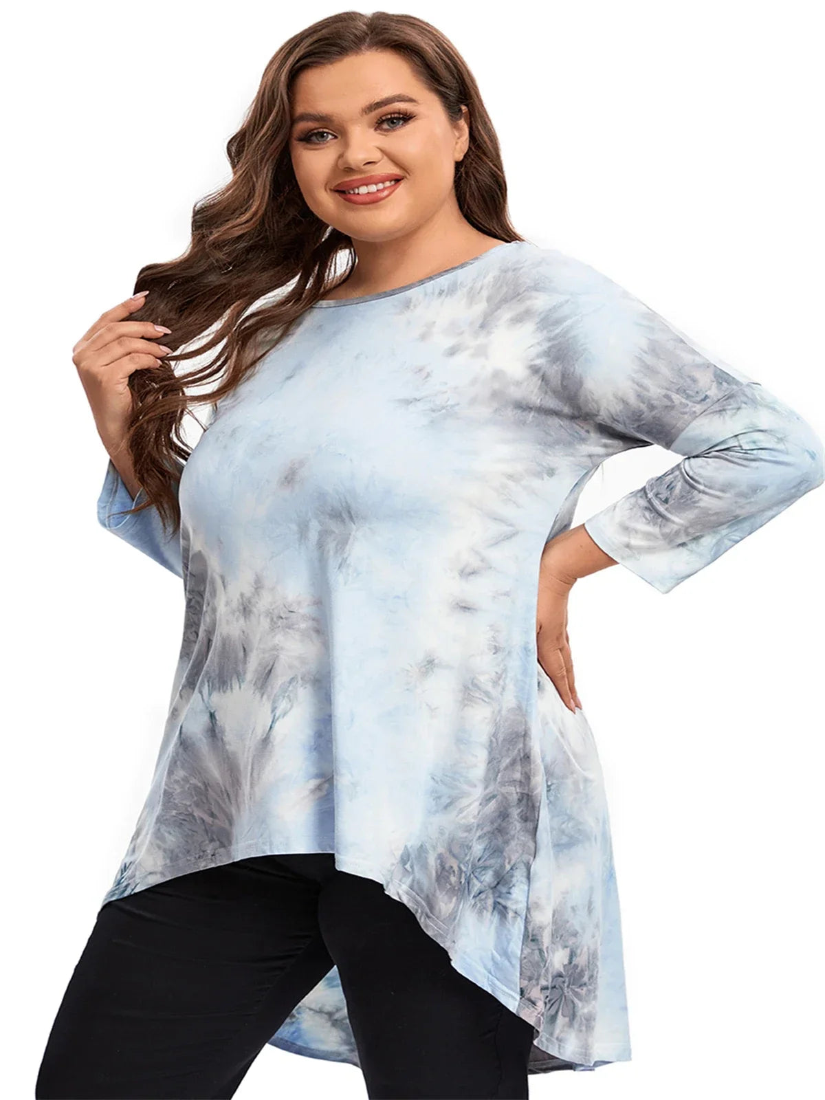 qgtao Plus Size Long Sleeve Elegant Tie Dye Tunic Tops Long Loose Autumn Hi Low Swing Blouse T-shirt Plus Size Clothing Women 6XL 7XL