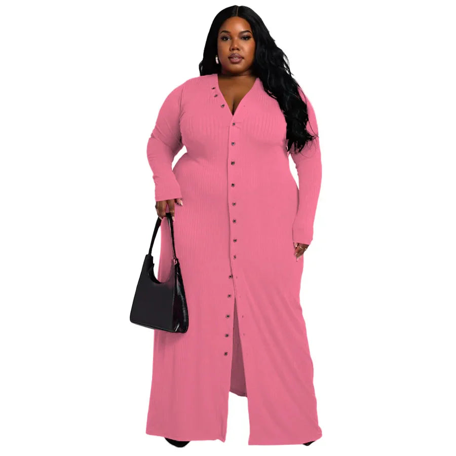 qgtao casual Plus size long one piece dress Elegant V neck long sleeve Button solid color dresses  High Waist Slit vestido feminino