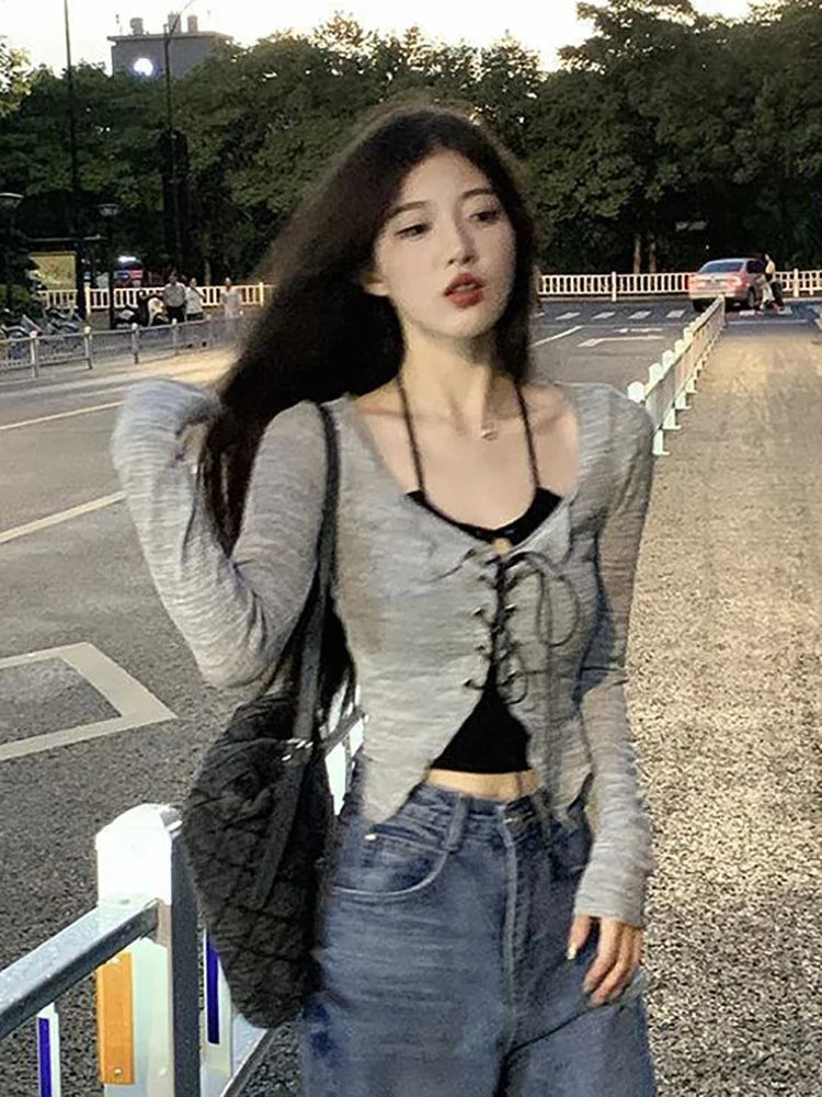 qgtao Sexy Lace Up Crop Tops Women Black Halter Slim Tees And Grey Long Sleeve Top Two Pieces Sets Female Korean Y2k Tshirt Summer