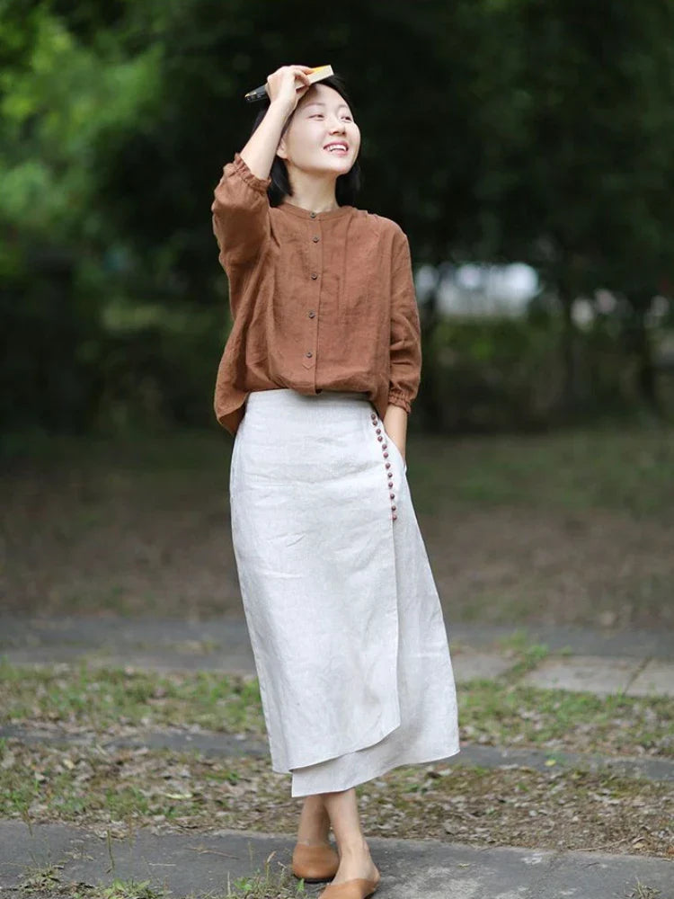 Women's Straight Skirt Spring Summer Cotton Linen A-line Skirt Female Solid Blue White Side Split Vintage Long Skirts Women