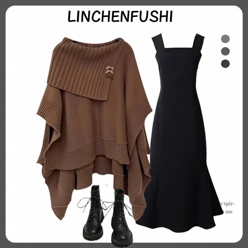 qgtao Korean Fashion Winter Suit Female New Plus Size Women Maillard Personality Loose Knit Sweater Shirt Dress Two-piece Y2k Clothes