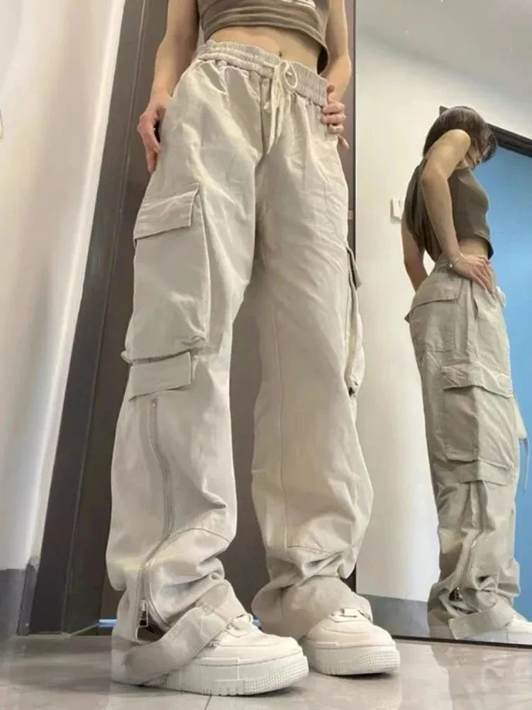 qgtao Y2k Big Pocket Cargo Pants Women Street wear Straight Wide Leg Trousers Vintage Design Side Zipper Drawtring Baggy Pants