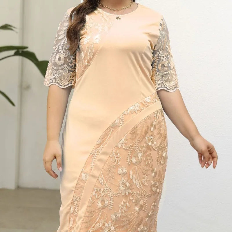 qgtao Plus Size Women Midi Dress Elegant Embroidered Lace Splicing Casual Short Sleeve Crew Neck Women's Elegant Social Dresses