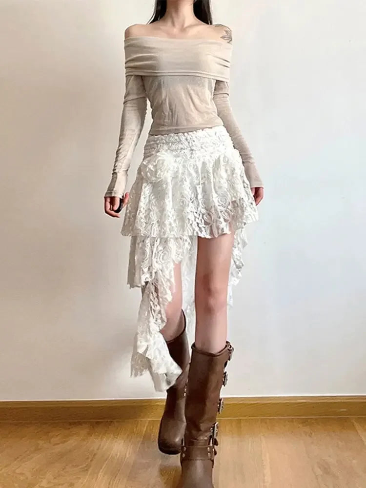 qgtao Lace Irregular Skirts Y2k Aesthetic Bohemian Beach Casual Design Casual Ruffled Fairy Sexy Harajuku Skirts 2024 Spring