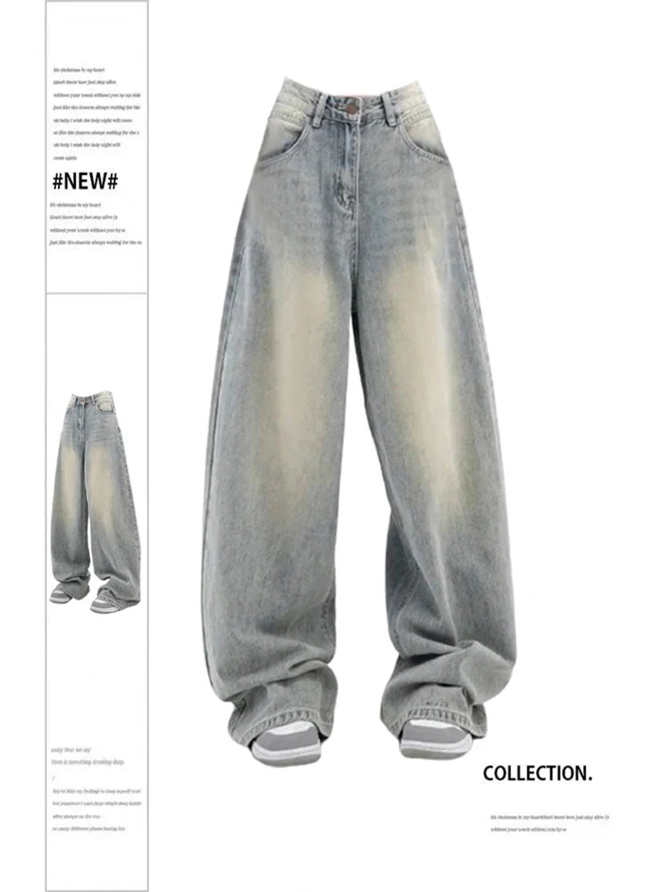 Women Vintage Baggy Blue Jeans High Waist Denim Trousers 2000s Y2k Harajuku Fashion 90s Aesthetic Wide Pants Trashy Clothes 2024