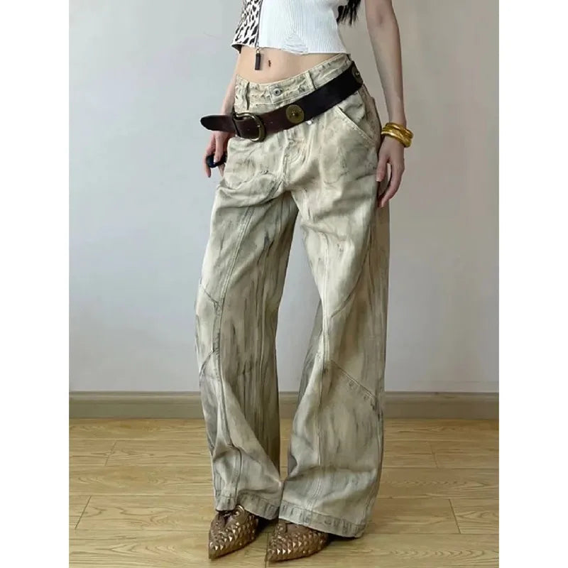 qgtao - Blue Womens Jeans High Waist Vintage Straight Summer Y2K Classic Denim Pants Streetwear American Wide Leg Baggy Denim Trouser