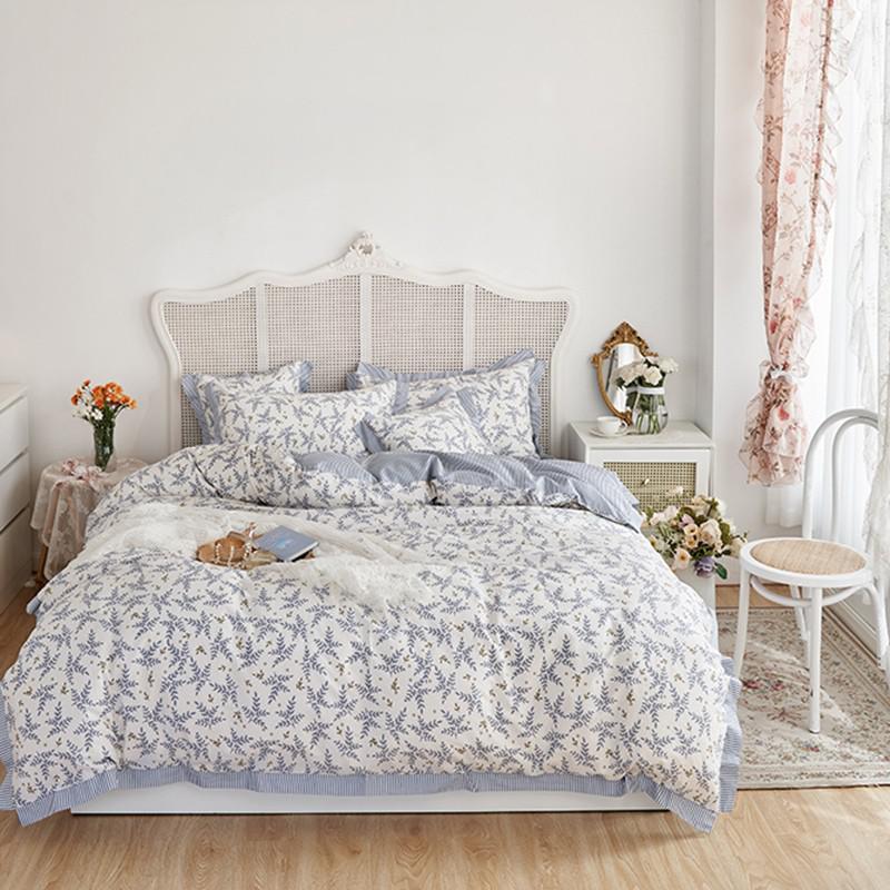 Yeknu Floral Blossom Print Duvet Cover Blue White Botanical 100%Cotton Comfy 4Pcs Double Queen King Bedding Set Bed sheet Pillowcases