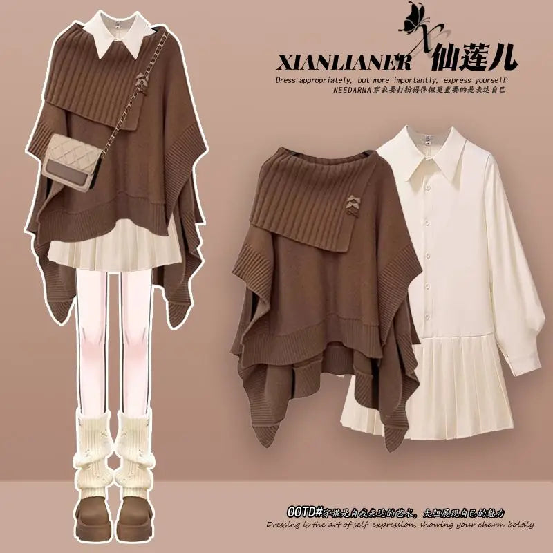 qgtao Korean Fashion Winter Suit Female New Plus Size Women Maillard Personality Loose Knit Sweater Shirt Dress Two-piece Y2k Clothes