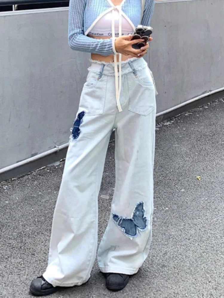 qgtao - Blue Jeans Plus Size Women Y2k Fashion Loose Butterfly Patchwork Causal High Waist Denim Pants Streetwear Retro Bottoms