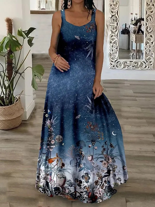 qgtao 2024 Loose Casual Plus Size Long Maxi Dress Beach Sun Dresses Women Sleeveless Summer Fashion Printed Boho Maxi Long Dress