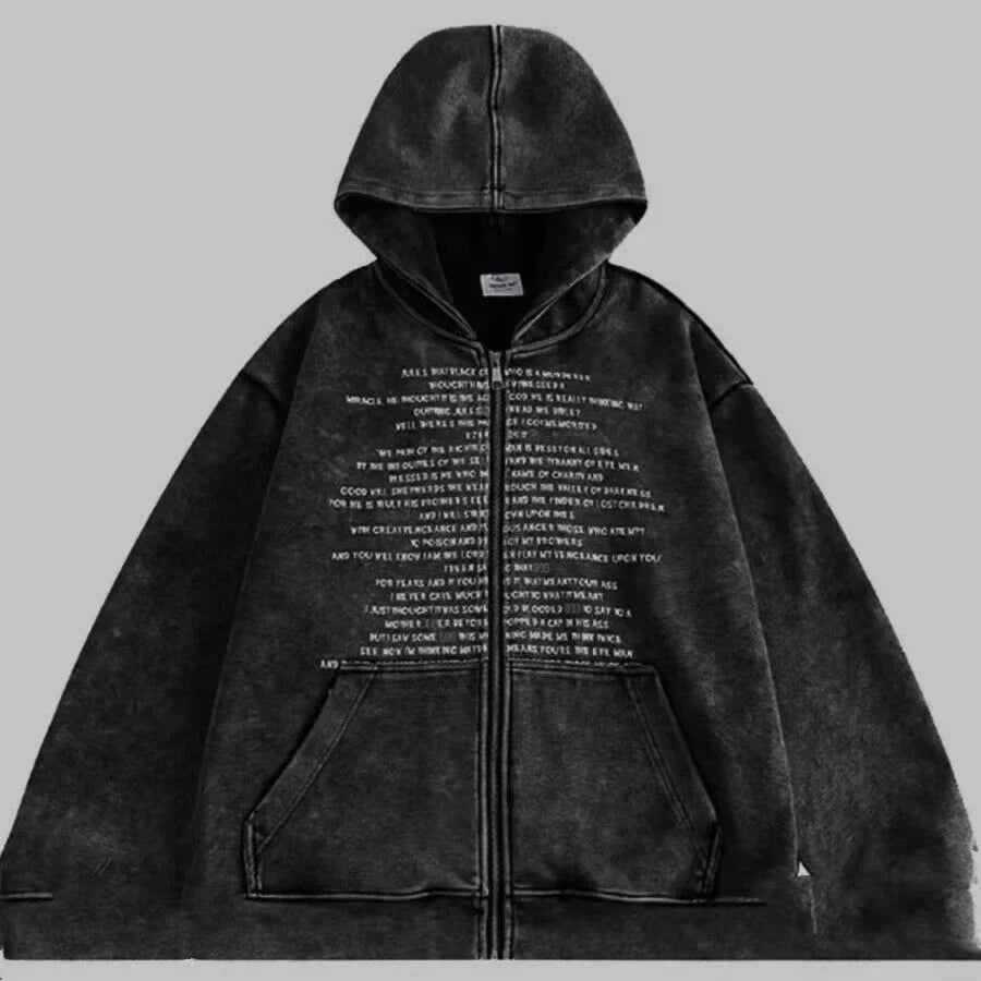 HOUZHOU Grunge Vintage Streetwear Hoodie Women American Retro Casual Zipper Letter Print Oversized Hooded Sweatshirt 2024 Y2k