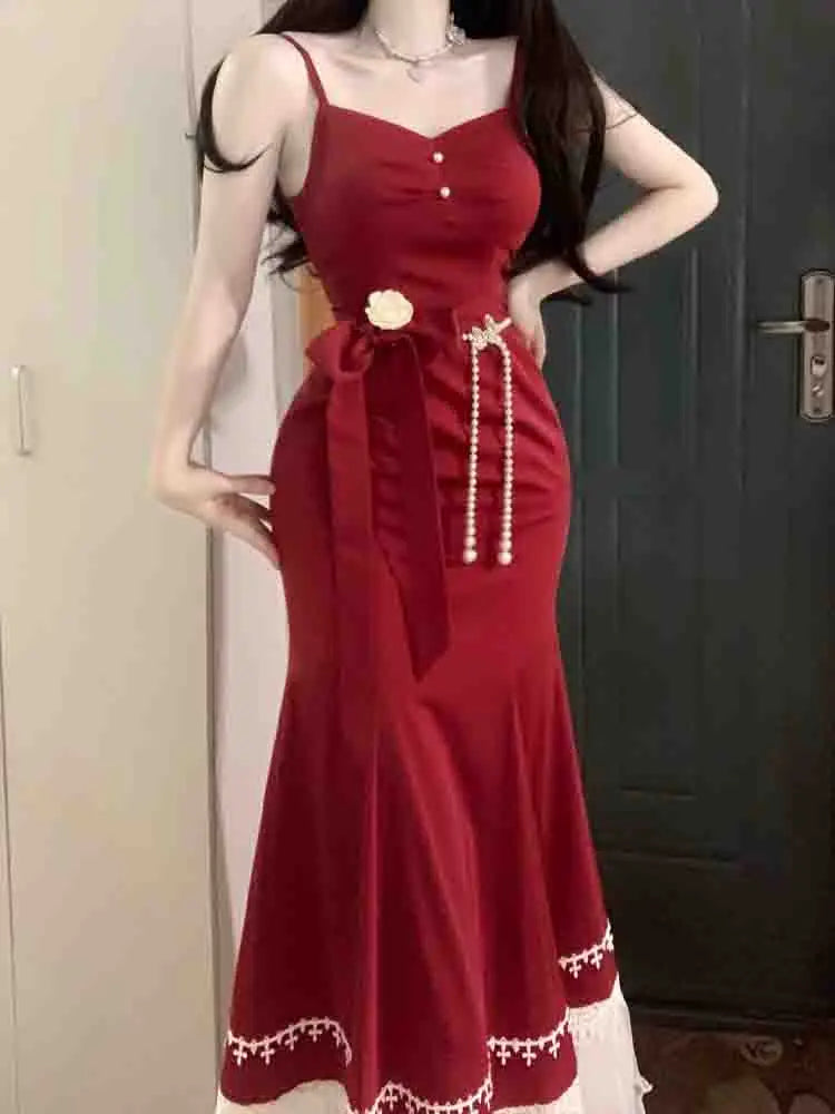 qgtao French Vintage Fairy Mermaid Dress Women Lace Korean Party Princess Strap Dress Female 2024 Spring Court Sweet Lolita Midi Dress