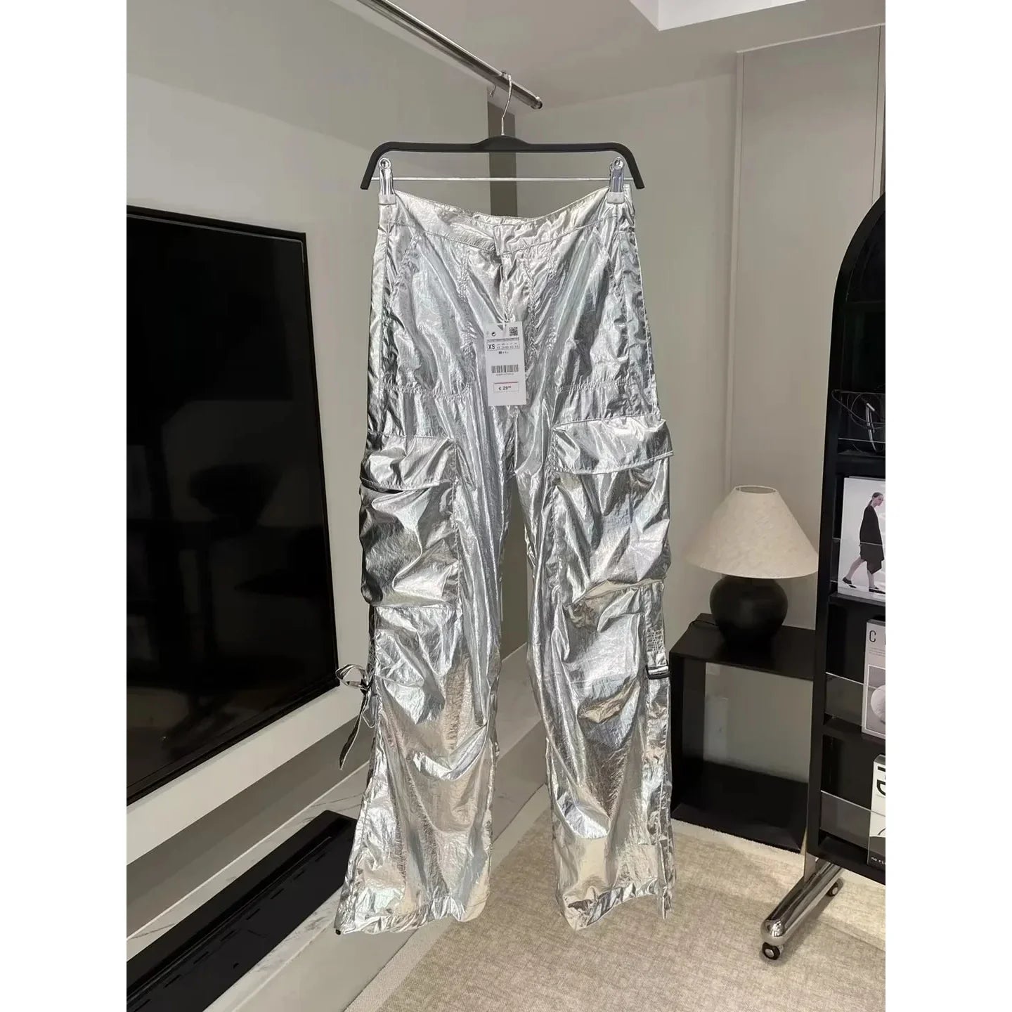 Silver Y2k Women's Pants Cargo 2024 Baggy Trousers Loose Oversize Vintage Streetwear Trendy Casual Stylish Chic Classic Mid Wasi