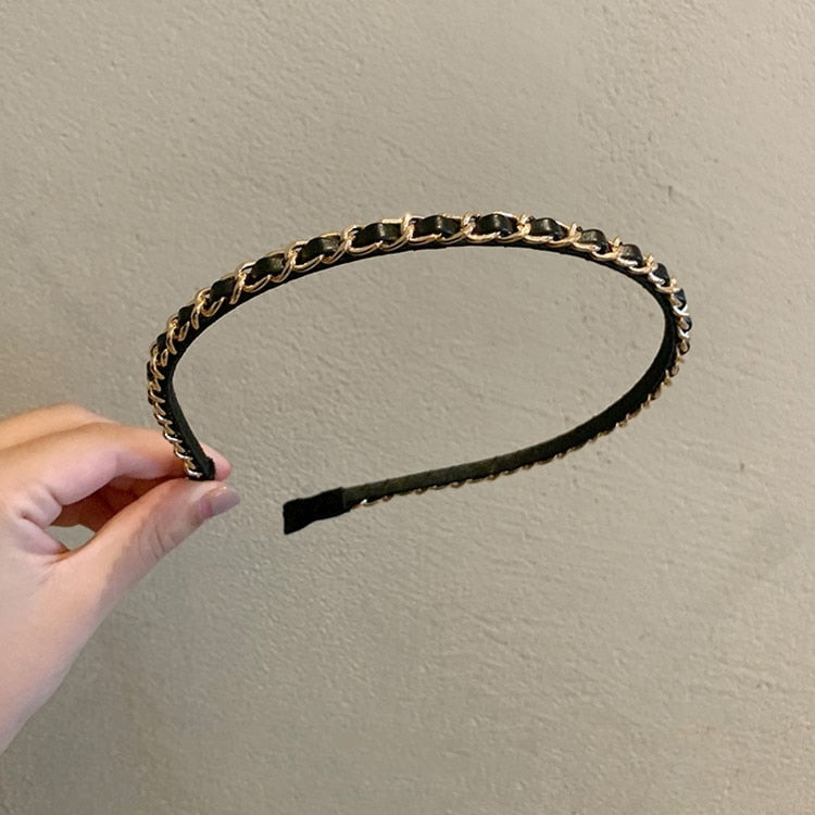 2021 New Korean Solid PU chain Bezel Headwear for Women Headband Girls Hair Bands Vintage Hairband Hoop for Hair Accessories