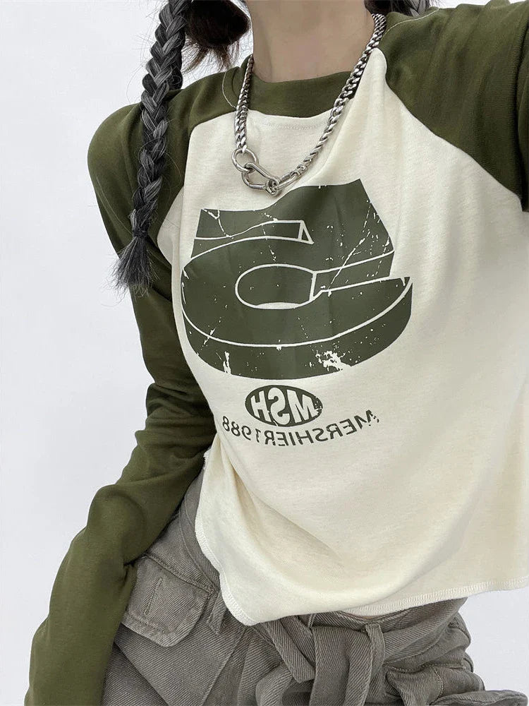 qgtao Y2K Patchwork Tshirts Women Vintage Letter Crop Tops Female O Neck Long Sleeve Top Ladies Fashion Casual Slim Tees Spring Autumn