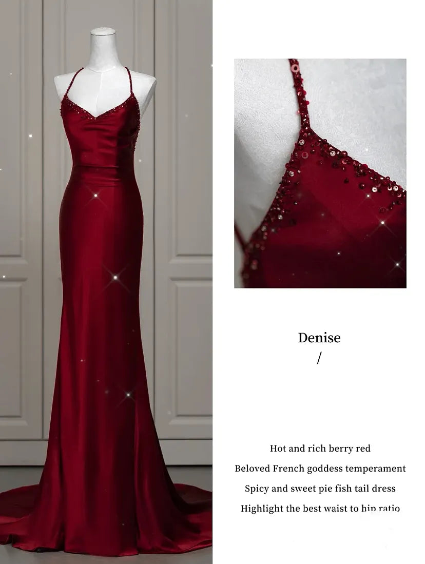 qgtao Wine Red Prom Dress Sexy V-neck Ribbon Lace Up Beading Mermaid Backless Zipper Satin Enegagement Fashion Robe Formal Gowns 2024