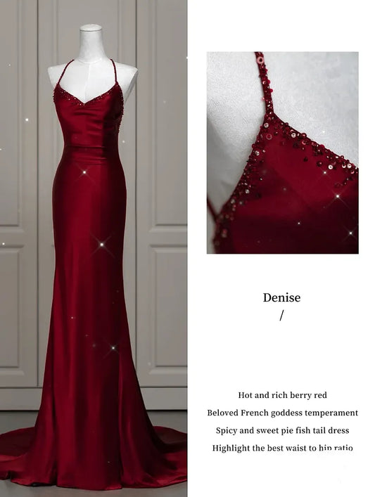 qgtao Wine Red Prom Dress Sexy V-neck Ribbon Lace Up Beading Mermaid Backless Zipper Satin Enegagement Fashion Robe Formal Gowns 2024