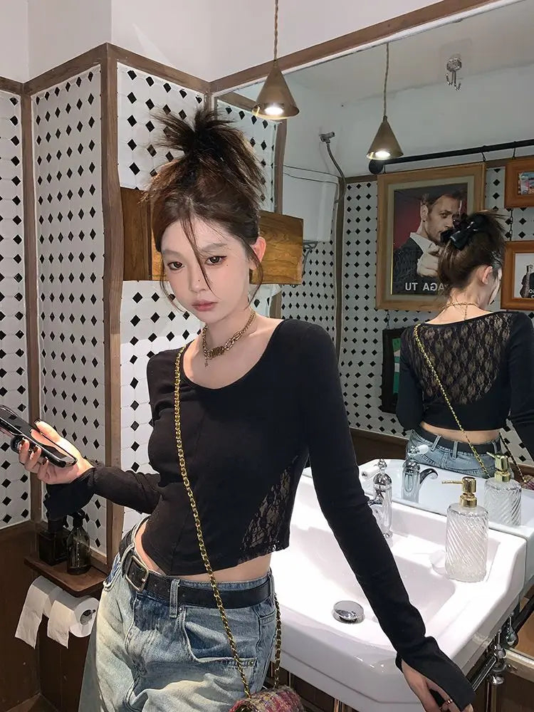 qgtao Coqutte Lace Hollow Out Back Solid Color Slim Tshirt Long Sleeve O-neck Sexy Spring Autumn 2024 New Women Clothing.