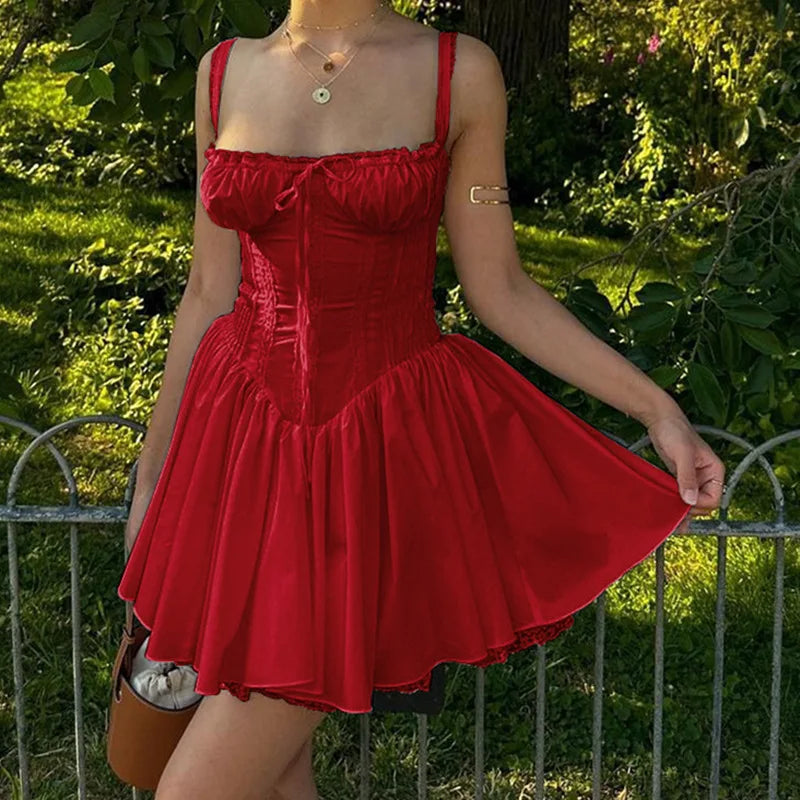qgtao Sexy Square Neck Corset A Line Mini Dress Cottagecore Red Summer Dresses For Women Holiday Outfits 2024 Y2K Clothing