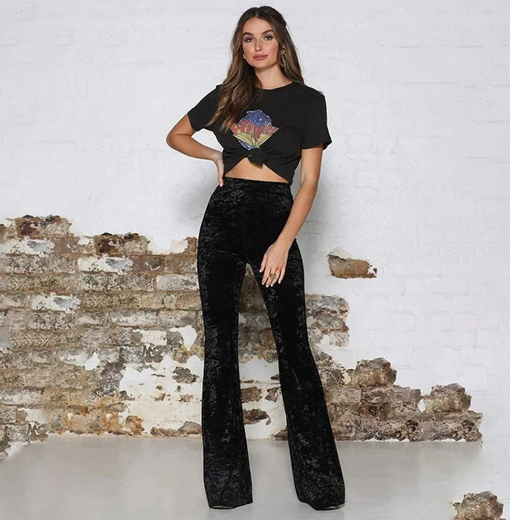 Wide Leg Pants Women Korean Fashion Vintage High Waist Flare Pants Pantalones de Mujer Gold Velvet Trousers Pleuche