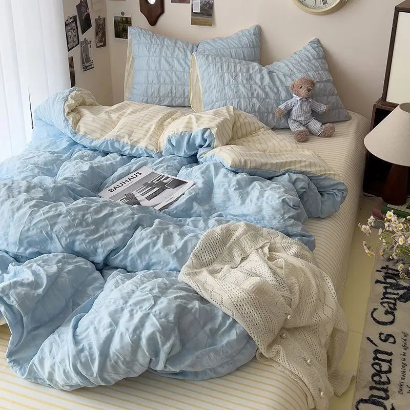 Yeknu Seersucker Princess Girls Bedding Set Duvet Cover Korean Four PIECE Washed Cotton Bed Sheet Cover Quilt Set