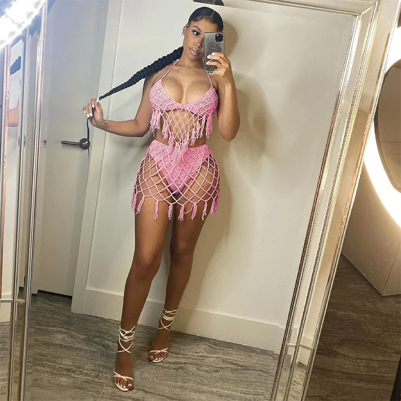 qgtao Summer Beach Sexy Bikini Women Swimwear Hollow Out Crochet Sexy Summer Two Piece Set Bathing Suit Swim Wear 2024
