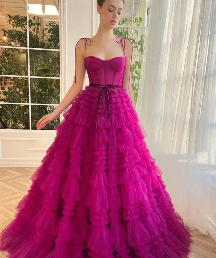 Rose Pink A-line Spaghetti Strap Party Dresses Multilayer Tulle Prom Dress Sweet Sleeveless Evening Dress