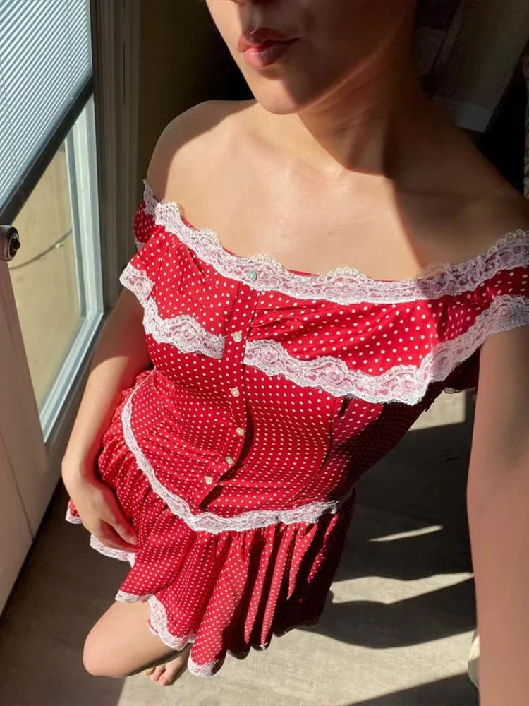 qgtao -2024 Women's French vintage single-breasted lace ruffle one-shoulder dress. summer. new style. Chic mini skirt.