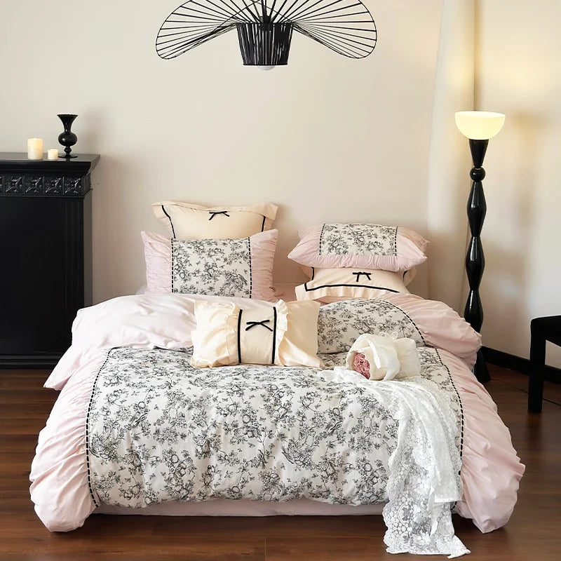 Yeknu Winter 100% Cotton Korean Princess  Bedding Set Thickened Retro French Duvet Cover Sets Flower Bed Skirt  Skin-friendly Fabrics