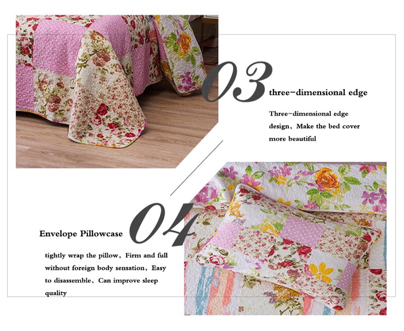 Yeknu Double Bed Cotton Printed Floral Rose 3 Piece Quilted Quilt Pillowcase Free Shipping