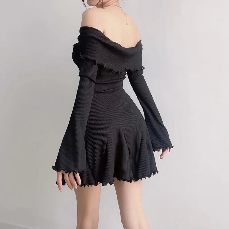 qgtao Autumn Strapless Sexy Black A-LINE Dress Women Off Shoulder Long Sleeves Streetwear Knitting Mini Dresses Elegant Club Partywear