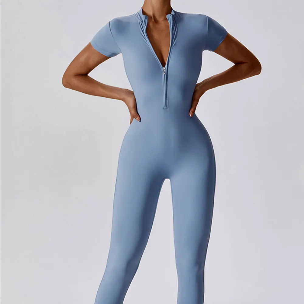 qgtao Yoga Set Women's Jumpsuits One-Piece Suit Zipper Short Sleeve Gym Push Up Workout Clothes Fitness Bodysuit Sportswear Tracksuit