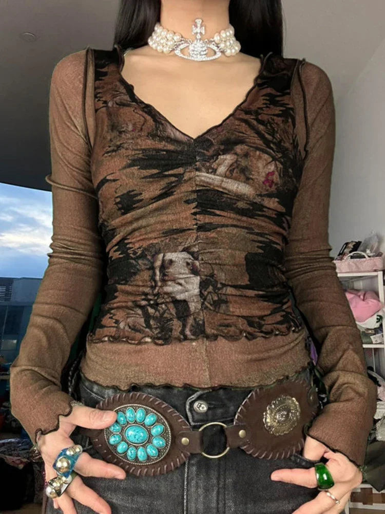 qgtao Y2k Vintage Mesh Patchwork Folds Printed V-neck T-shirt Long Sleeve Sexy Grunge Crop Tops Summer Fashion Tees 2024.