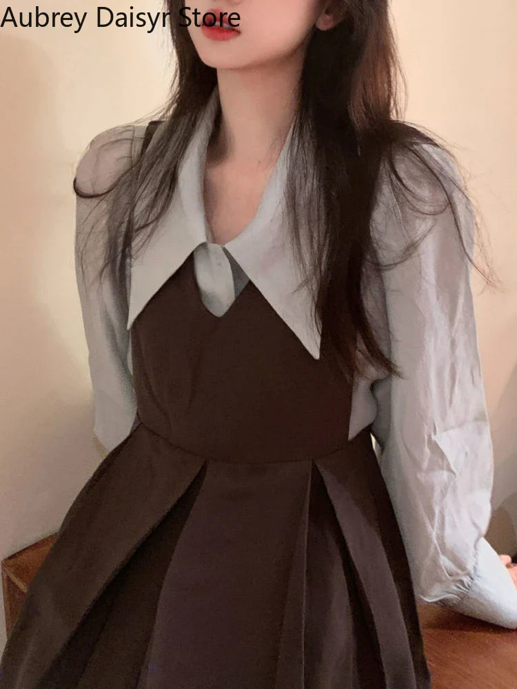 qgtao Korean Fashion Elegant Two Piece Set Women Puff Sleeve Blouse Strap Pleated Dress Set Vintage Casual Sweet Cute Dress Set Female